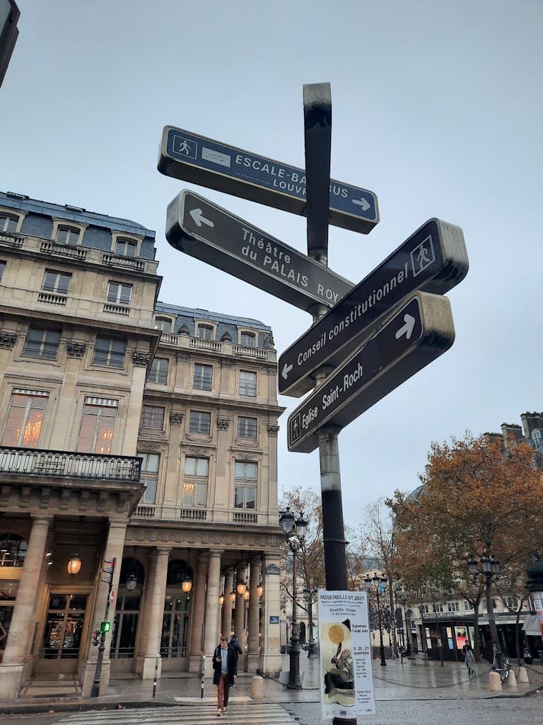 Directional signs on a Paris street with classic architecture in the background.